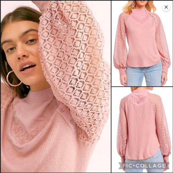 Free People Women's Small Dusty Rose Embroidered Crochet Waffle Knit Blouse Top - Picture 16 of 16
